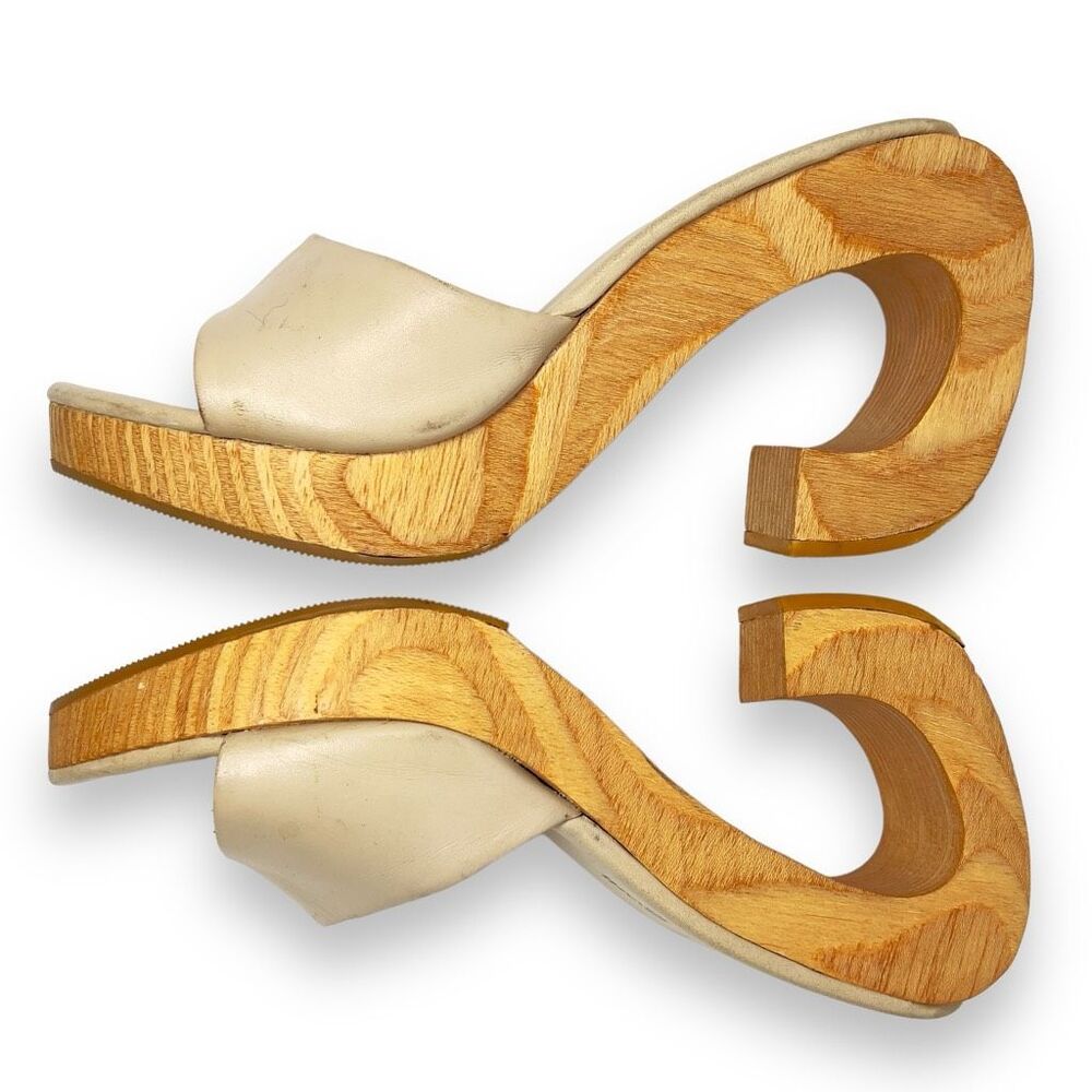 Anthropologie Jennifer Swii Cream Leather Platform Wooden Curved Heel Sandals 7 - Picture 4 of 11